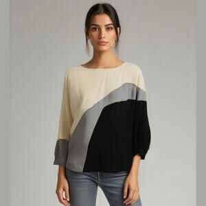 Halston Heritage Cream Gray Black Asymmetrical Silk Long Sleeve Blouse Top XS